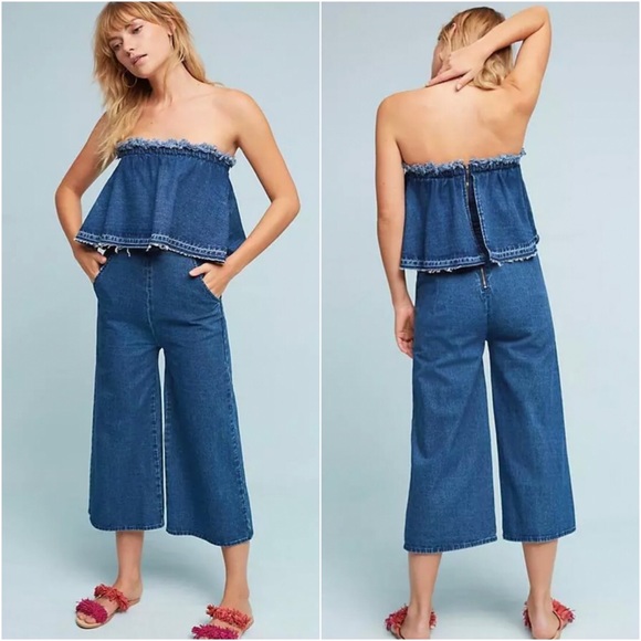 Anthropologie Tiered Denim Cute Strapless Jumpsuit - Picture 2 of 13
